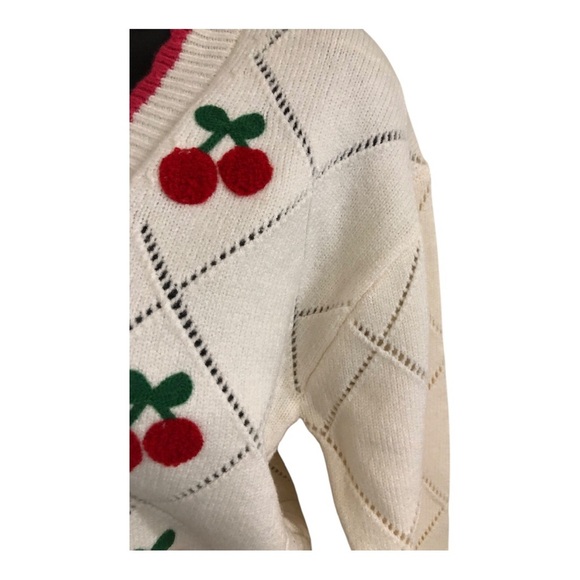 Jessica Simpson cream pink scalloped trim cherry embroidered cardigan size M new - Picture 7 of 17